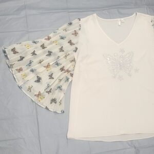 70s Inspired Beaded Butterfly Blouse Bell Sleeves Cream Stetchy Crepe V Nk Boho